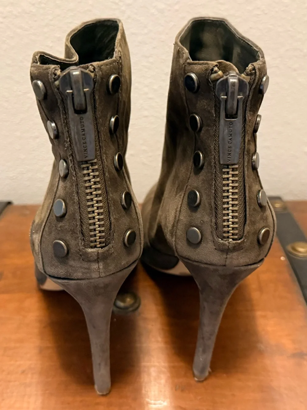 Vince Camuto Dark Khaki Suede Ankle Booties with Button Back Detail